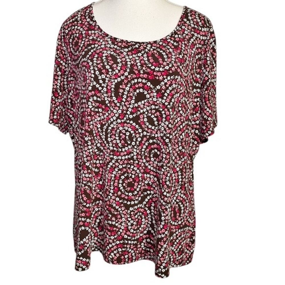 East 5th Woman Size 1X Top | Retro Floral Swirl Print Brown & Pink